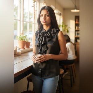 Arden B Silk Sleeveless Ruffle Front Button Down Black Blouse XS Top High Neck